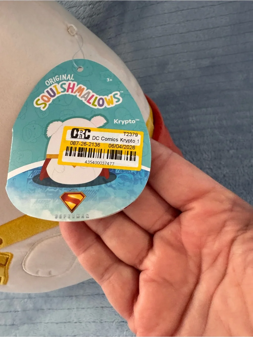 DC Comics White 12” Krypto Squishmallow Plush with Yellow Collar, Red Cape NWT